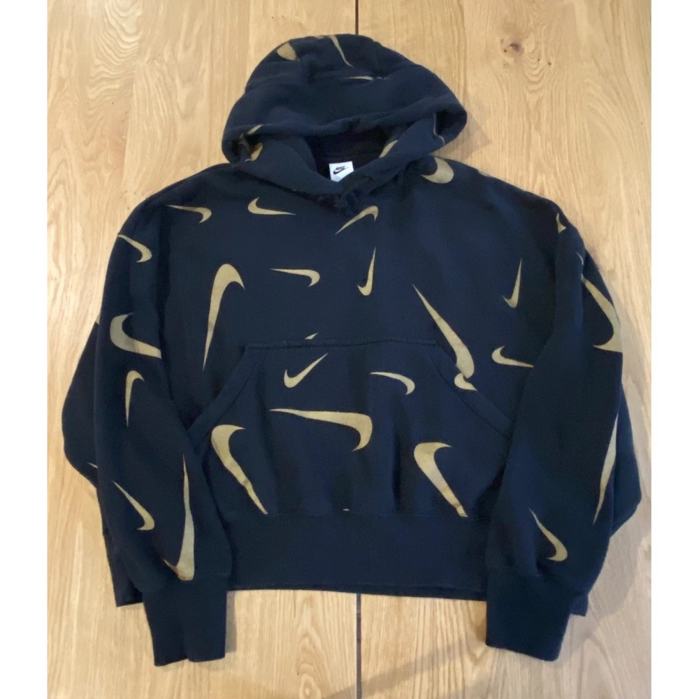 NIKE Women's AOP all over print Hoodie‎ Black/ Gold Logo oversized Women's S